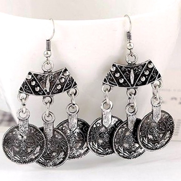 $8 SALE! Antiqued Silver Tibetan Coin Earrings - Picture 2 of 8